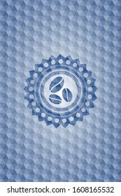 coffee bean icon inside blue emblem or badge with abstract geometric pattern background.