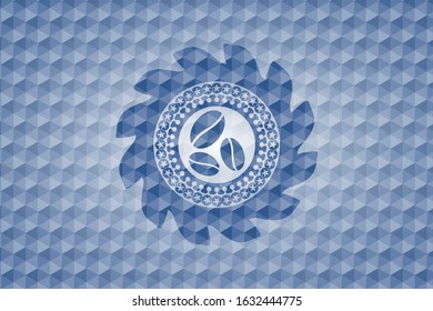 coffee bean icon inside blue polygonal badge.