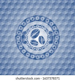 coffee bean icon inside blue emblem or badge with abstract geometric polygonal pattern background.