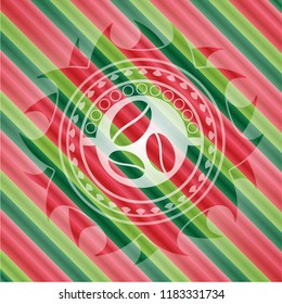 coffee bean icon inside christmas colors style emblem.