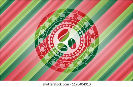 coffee bean icon inside christmas colors style emblem.
