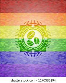 coffee bean icon inside emblem on mosaic background with the colors of the LGBT flag