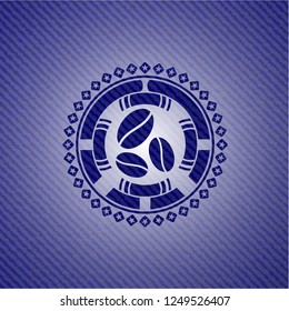 coffee bean icon inside emblem with denim high quality background