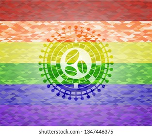 coffee bean icon inside emblem on mosaic background with the colors of the LGBT flag