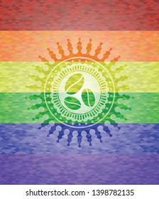 coffee bean icon inside emblem on mosaic background with the colors of the LGBT flag
