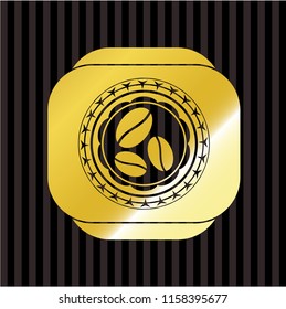 coffee bean icon inside gold shiny badge