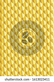 coffee bean icon inside gold shiny badge. Scales pattern. Vector Illustration. Detailed.