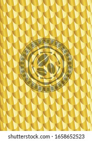 coffee bean icon inside gold shiny emblem. Scales pattern. Vector Illustration. Detailed.