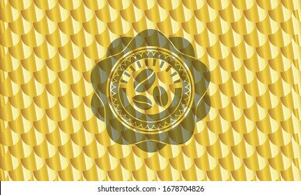 icono del grano de café dentro de la placa dorada. Patrón de escalas. Ilustración vectorial. Detallado.