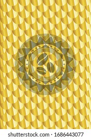 coffee bean icon inside gold emblem or badge. Scales pattern. Vector Illustration. Detailed.