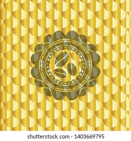 coffee bean icon inside golden badge. Scales pattern. Vector Illustration. Detailed.