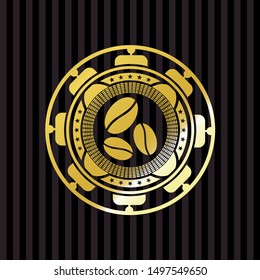 coffee bean icon inside golden emblem or badge