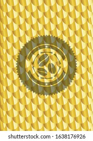 coffee bean icon inside golden emblem. Scales pattern. Vector Illustration. Detailed.