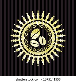 coffee bean icon inside golden emblem or badge