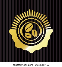 coffee bean icon inside golden badge. 