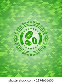 coffee bean icon inside green emblem with mosaic ecological style background