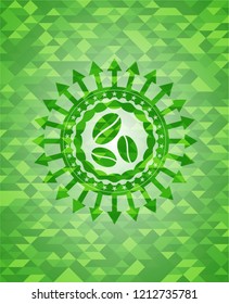 coffee bean icon inside green emblem. Mosaic background