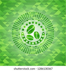 coffee bean icon inside green emblem with mosaic background