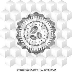 coffee bean icon inside grey emblem with cube white background