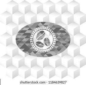 coffee bean icon inside grey emblem with geometric cube white background