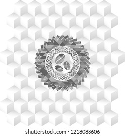 coffee bean icon inside grey emblem with geometric cube white background