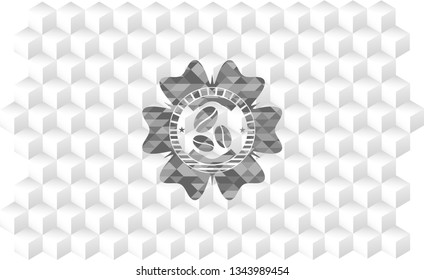 coffee bean icon inside grey badge with geometric cube white background