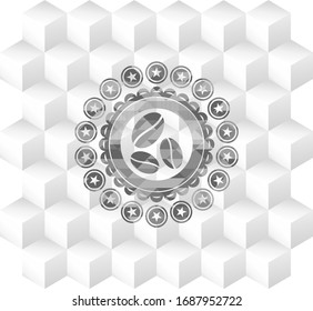 coffee bean icon inside grey emblem. Vintage with geometric cube white background