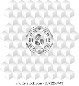 coffee bean icon inside grey badge with geometric cube white background. 
