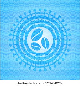coffee bean icon inside light blue water badge.