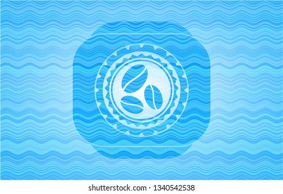 coffee bean icon inside light blue water style badge.