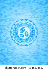 coffee bean icon inside light blue emblem. Mosaic background