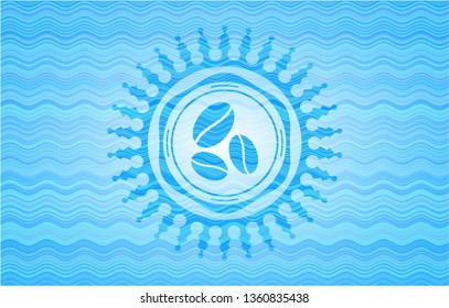 coffee bean icon inside light blue water style badge.