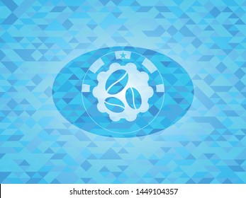 coffee bean icon inside light blue emblem. Mosaic background