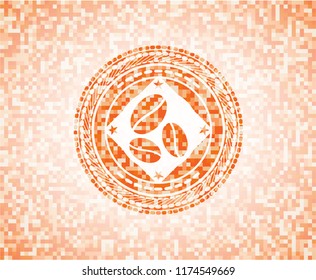 coffee bean icon inside orange tile background illustration. Square geometric mosaic seamless pattern with emblem inside.