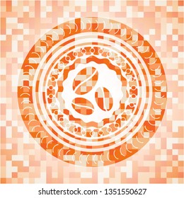 coffee bean icon inside orange tile background illustration. Square geometric mosaic seamless pattern with emblem inside.