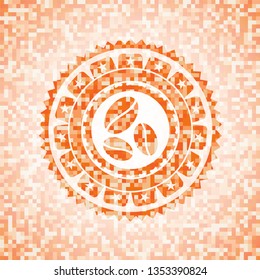 coffee bean icon inside orange mosaic emblem with background