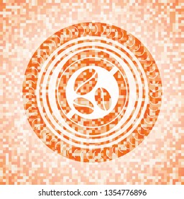 coffee bean icon inside orange tile background illustration. Square geometric mosaic seamless pattern with emblem inside.