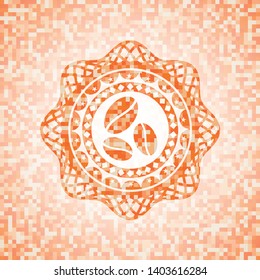 coffee bean icon inside orange tile background illustration. Square geometric mosaic seamless pattern with emblem inside.