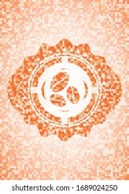 Kaffeebohnen-Symbol auf orangefarbenem Hintergrund. Quadratisches geometrisches Mosaik nahtloses Muster mit Emblem im Inneren.