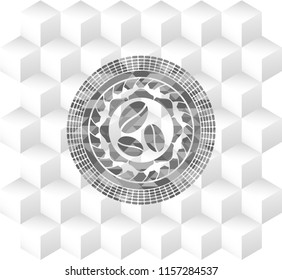 coffee bean icon inside realistic grey emblem with geometric cube white background