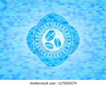 coffee bean icon inside realistic light blue emblem. Mosaic background