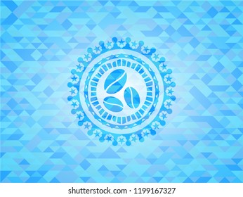 coffee bean icon inside realistic light blue mosaic emblem
