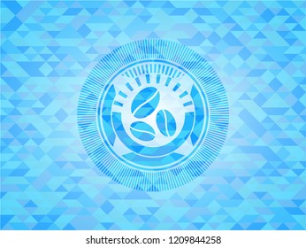 coffee bean icon inside realistic light blue emblem. Mosaic background
