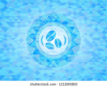 coffee bean icon inside realistic sky blue emblem. Mosaic background