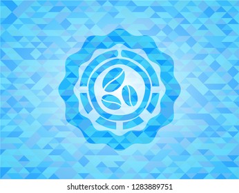 coffee bean icon inside realistic light blue mosaic emblem