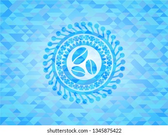 coffee bean icon inside realistic light blue emblem. Mosaic background