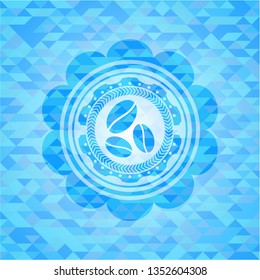 coffee bean icon inside realistic sky blue emblem. Mosaic background