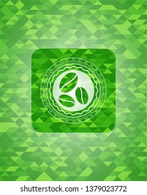 coffee bean icon inside realistic green emblem. Mosaic background
