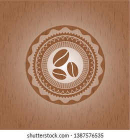 coffee bean icon inside realistic wood emblem
