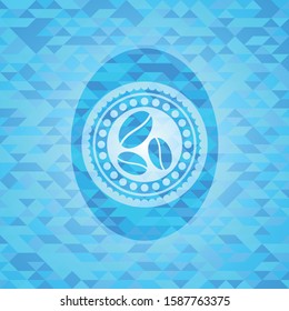 coffee bean icon inside realistic sky blue mosaic emblem